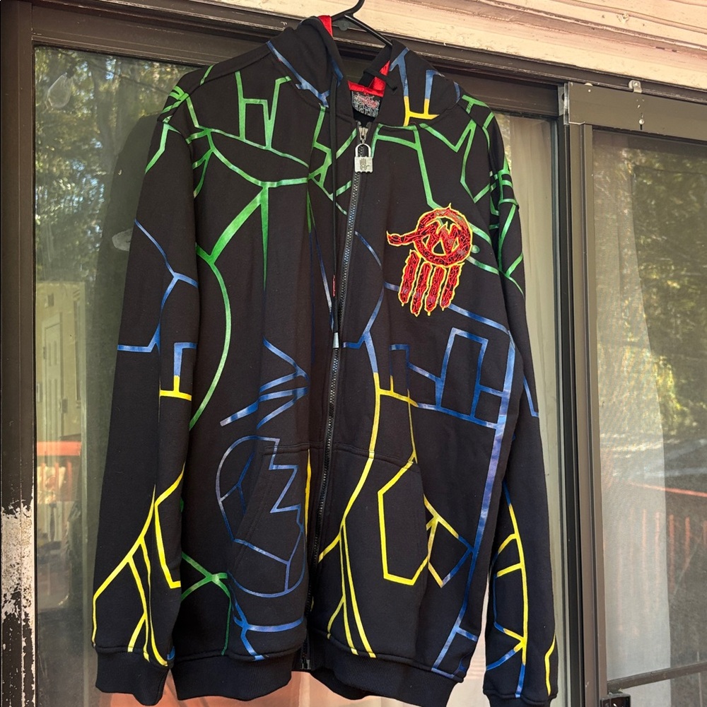 Black Hoodie with Colorful Geometric Patterns